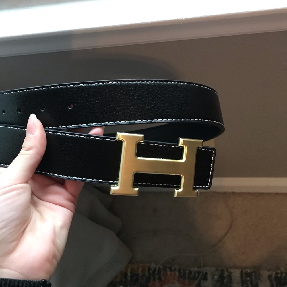 Hermès black leather and gold H belt